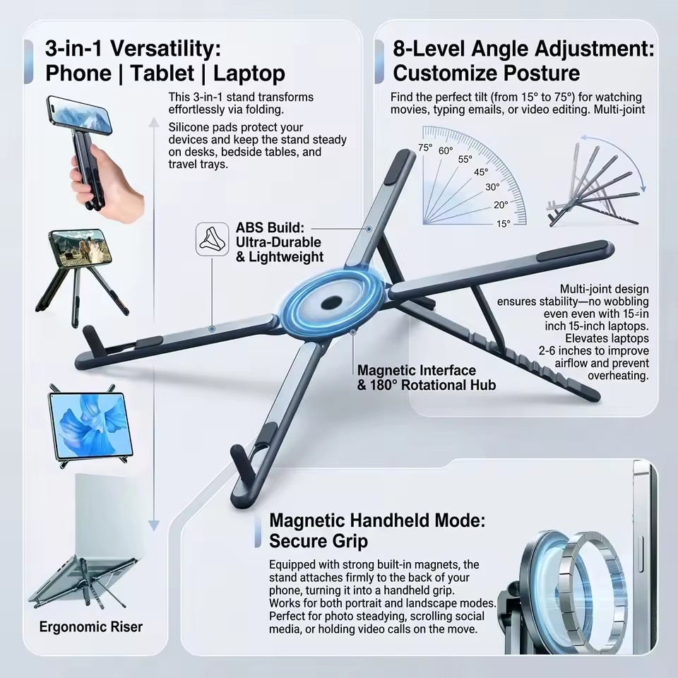 Laptop Stand - 携帯電話用マグネット式ホルダー＆自撮り棒 3-in-1 折りたたみ式三脚スタンド iPhone、iPad、タブレット、ノートパソコン、デスクトップ用