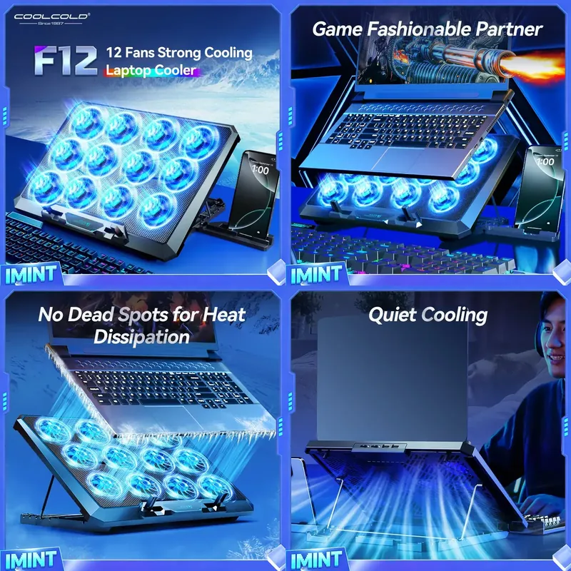 Laptop Stand - COOLCOLD ノートパソコン冷却パッド 12個の静音ファン搭載、12～17.3インチゲーミングノートパソコン用クーラースタンド、2つのUSBポートとスマホホルダー付き